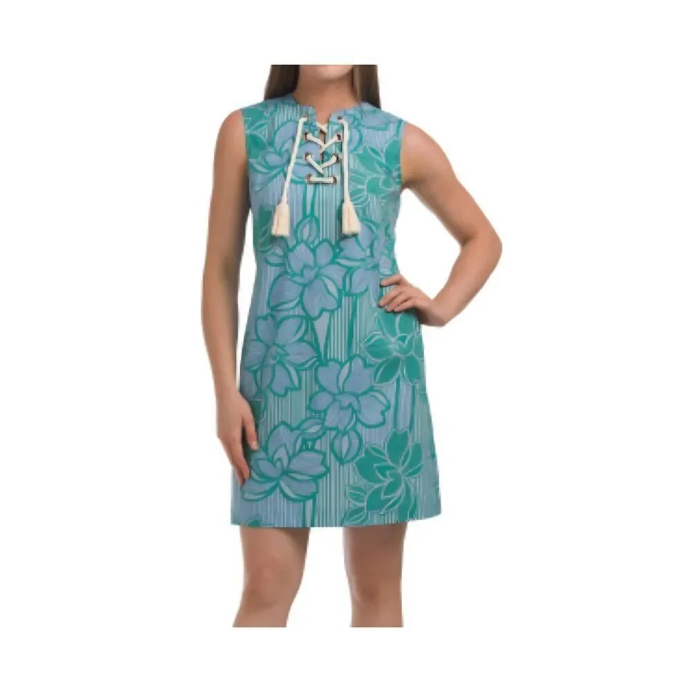 Pearl by Lela Rose blue&green fliral striped lace up front dress sz 0